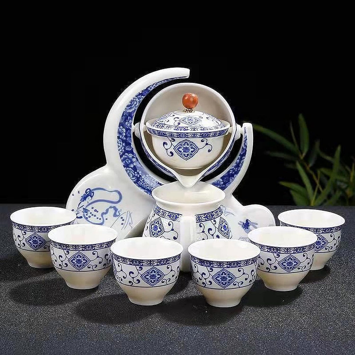 Scizorito 中国功夫茶具套装礼盒,中国龙形状,纯手工烧制,配有 360 度旋转茶壶和浸泡器,适合办公室、家居、礼品(半月火柴)