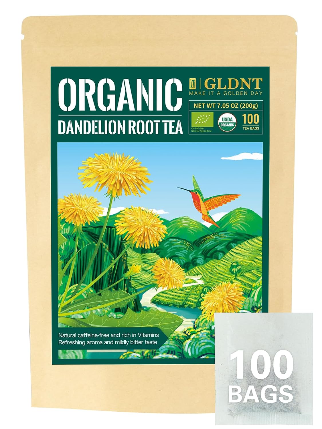 GLDNT Organic Pu-erh Tea Bags, Fermented Yunnan Dark Tea, Bold & Mellow Flavor, Caffeinated, 100 Count