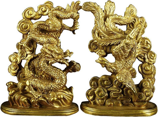 BRASSTAR 5.7” (H) Chinese Brass Dragon Phoenix Statue Yin Yang Harmony Feng Shui Sculpture Marriage Luck Talisman Wedding Gift Home Decor A Pair PTZY029