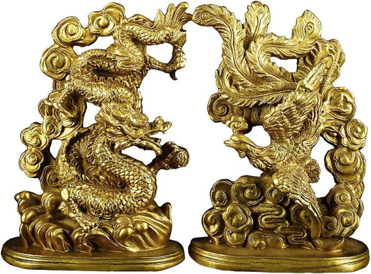 BRASSTAR 5.7” (H) Chinese Brass Dragon Phoenix Statue Yin Yang Harmony Feng Shui Sculpture Marriage Luck Talisman Wedding Gift Home Decor A Pair PTZY029