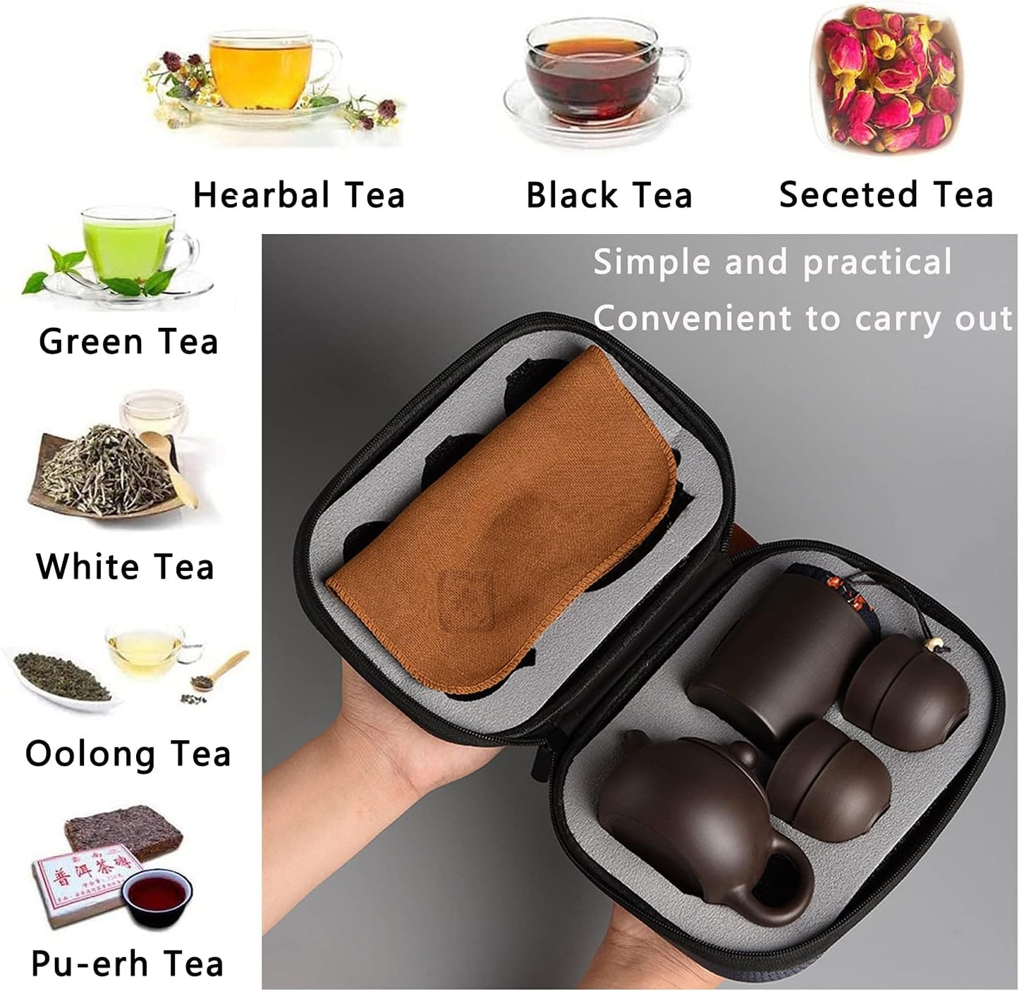 Zisha Travel Tea Sets 6 Pack Portable Chinese Kungfu Tea Set Ceramic Teapot Sets for adults, Purple Clay Tea pot 4 Teacups Canister in One Bag for Outdoor Picnic Business, Christmas Gift Tea Sets