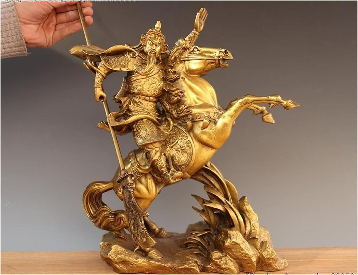 GaYouny Buddha Statue 35cm Brass Copper Dragon Guan Gong Guan Yu Ride Horse Hold Knif God Statue