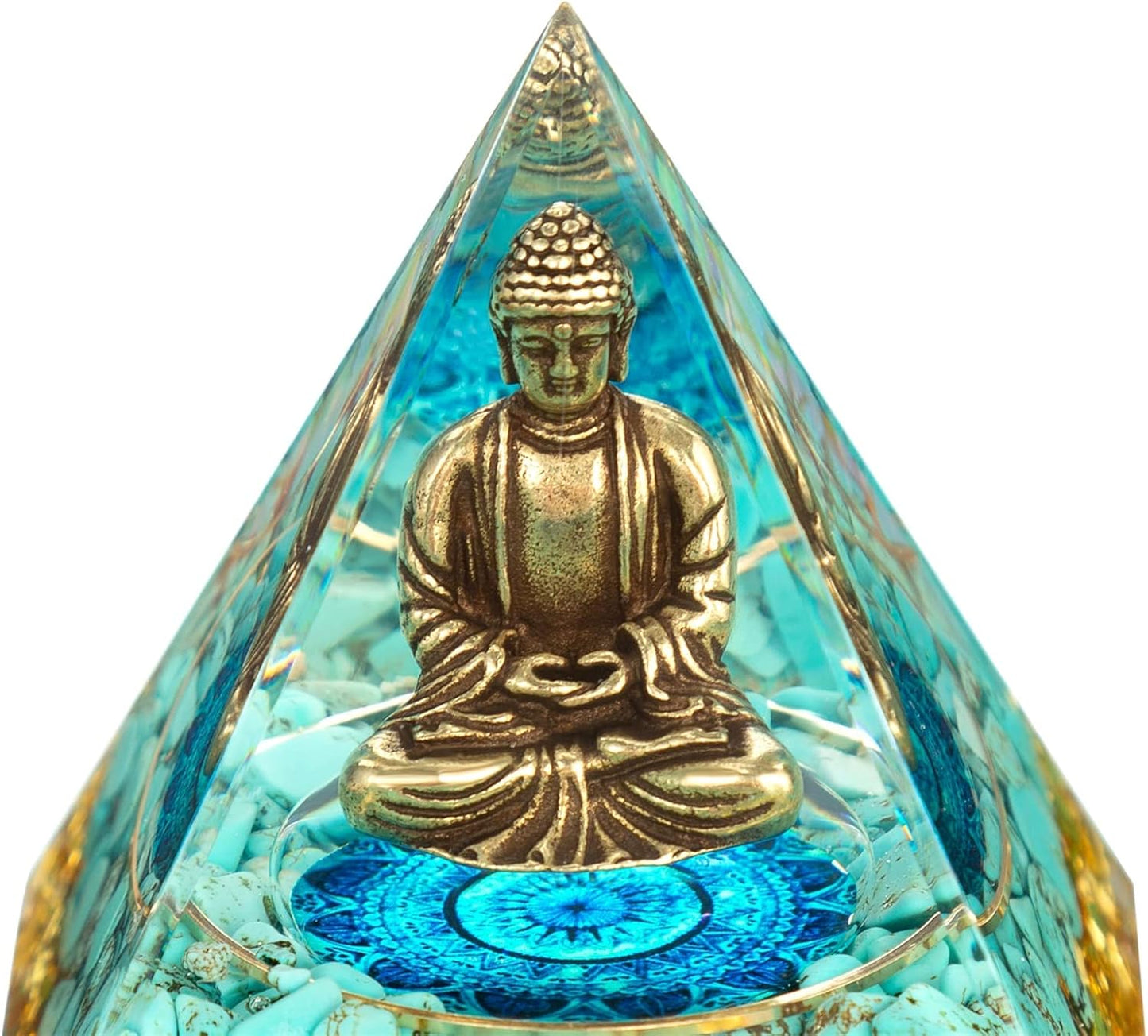 Little Buddha Statue in Healing Crystal Organite Pyramid - Turquoise with Baby Buddha Figurine, Reiki Chakra Meditation Desktop Indoor Buddha Decor