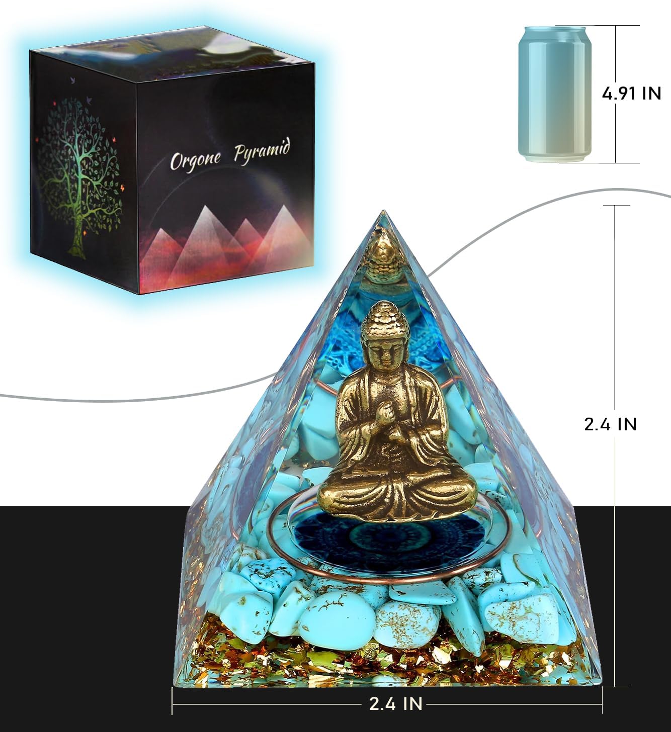 Little Buddha Statue in Healing Crystal Organite Pyramid - Obsidian with Baby Buddha Figurine, Reiki Chakra Meditation Desktop Buddha Statue Indoor, Buddha Statue Outdoor, Buddha Statues for Home