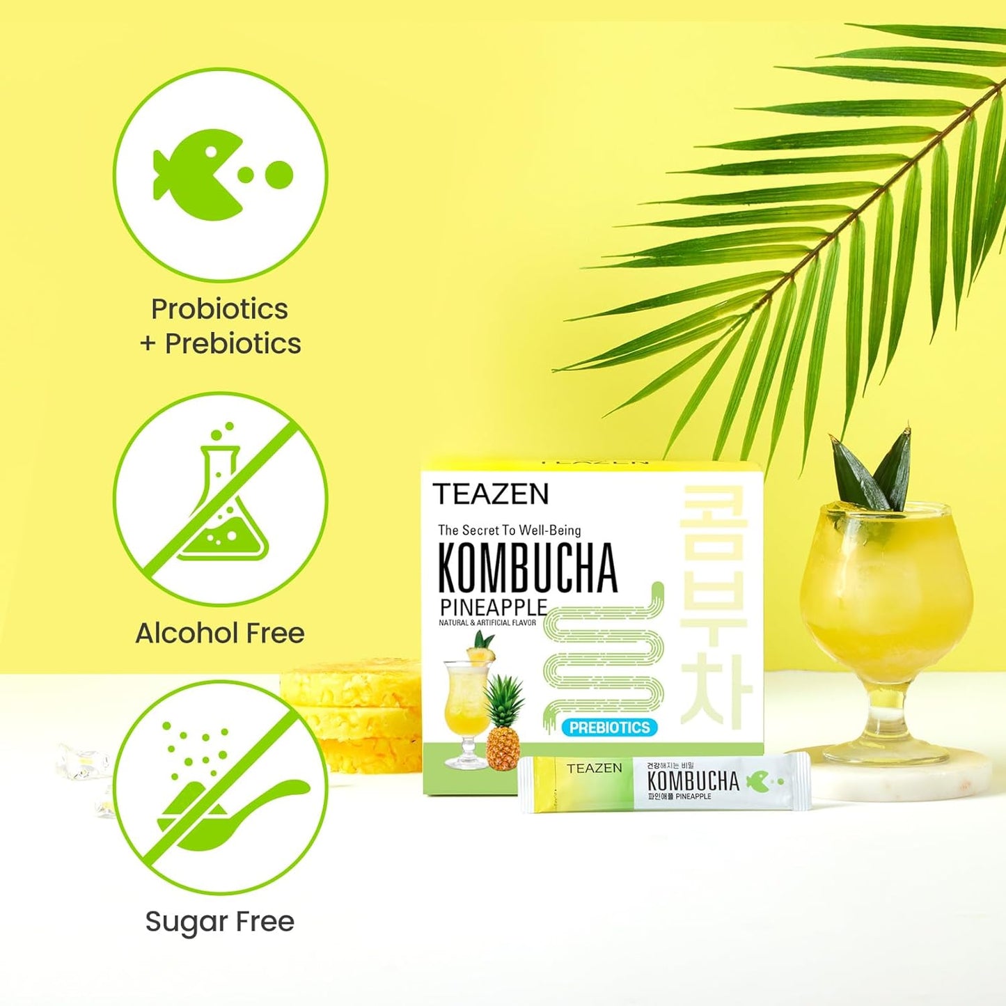 TEAZEN Pineapple Kombucha Tea, Live Probiotics & Postbiotics, Sugar Free, Low Caffeine, Sparkling Fermented Kombucha Powder from Korea, 30 Sticks, 5.29oz