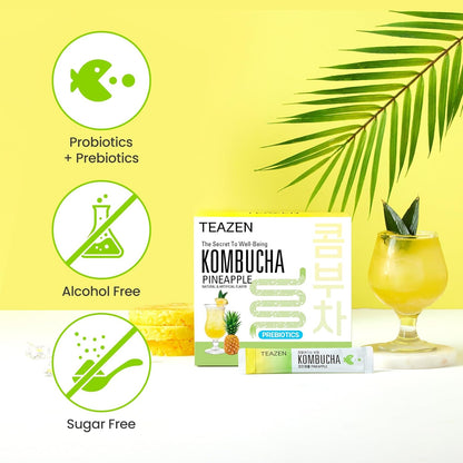 TEAZEN Pineapple Kombucha Tea, Live Probiotics & Postbiotics, Sugar Free, Low Caffeine, Sparkling Fermented Kombucha Powder from Korea, 30 Sticks, 5.29oz