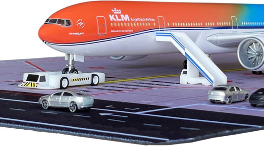 B777 Model Airplane 18.5 Inches Long 1/150 Scale B777 Model with LED Lights and Airport Scene Accessories Ideal Display and Gift