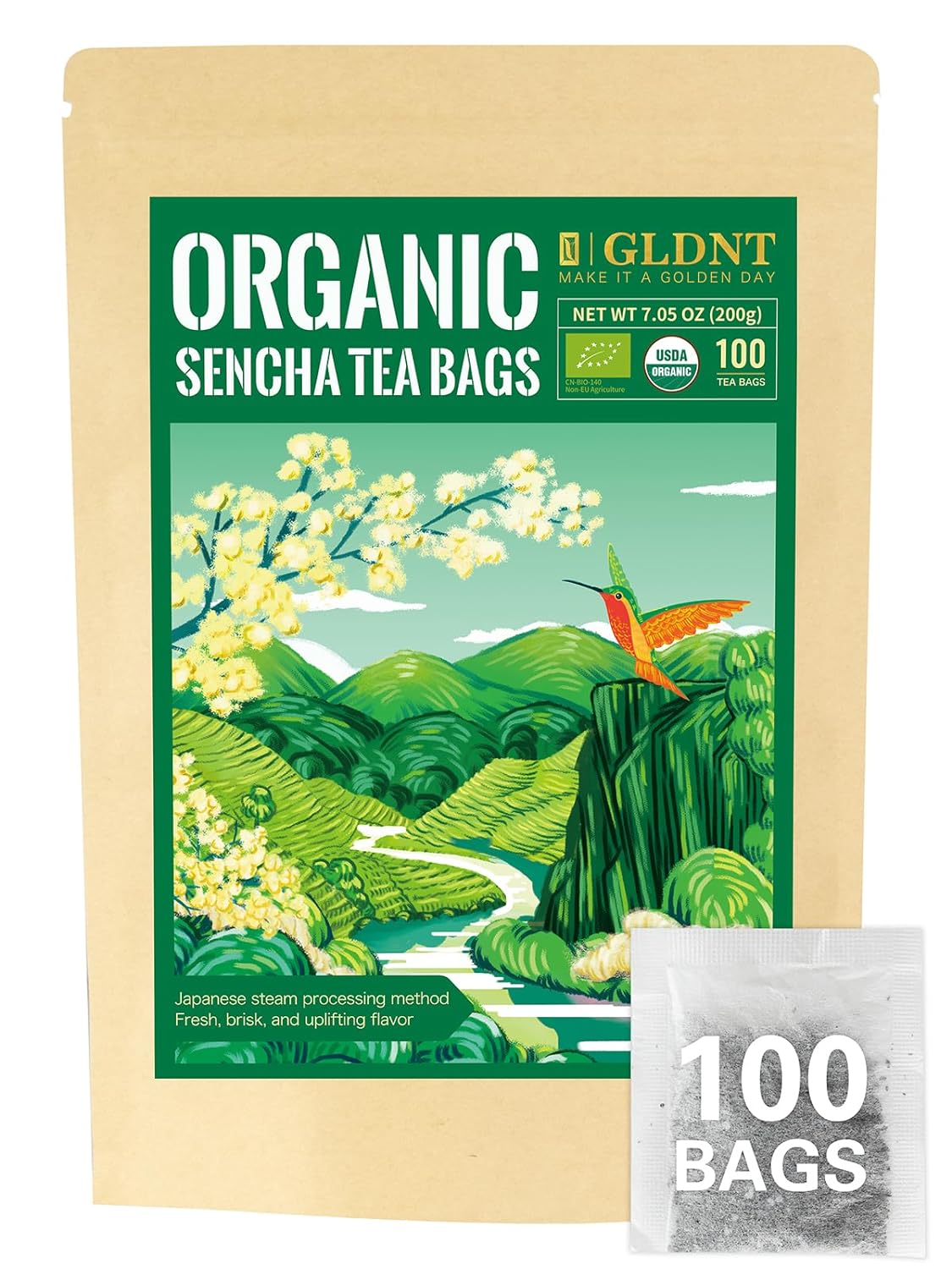 GLDNT Organic Pu-erh Tea Bags, Fermented Yunnan Dark Tea, Bold & Mellow Flavor, Caffeinated, 100 Count