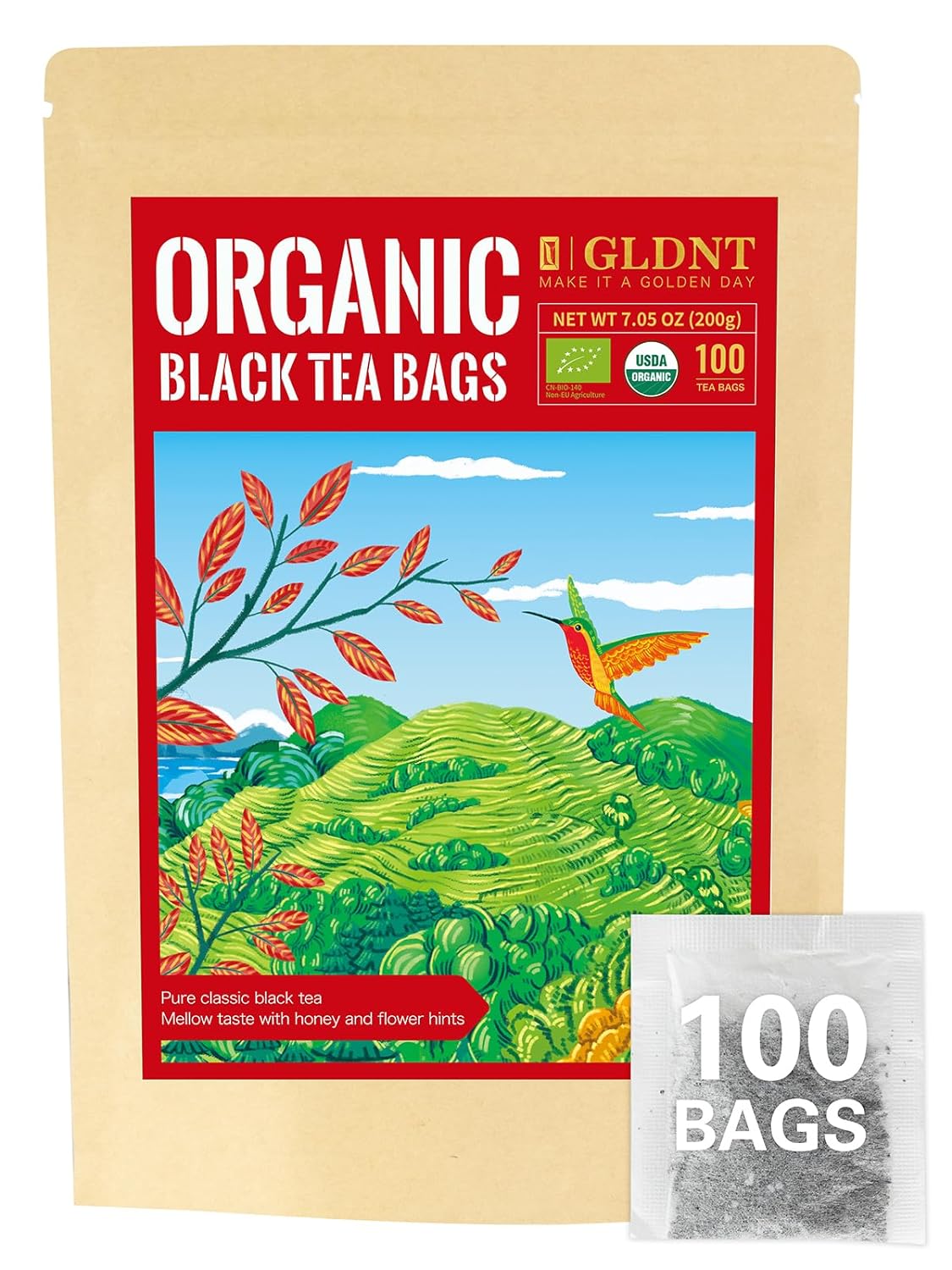 GLDNT Organic Pu-erh Tea Bags, Fermented Yunnan Dark Tea, Bold & Mellow Flavor, Caffeinated, 100 Count