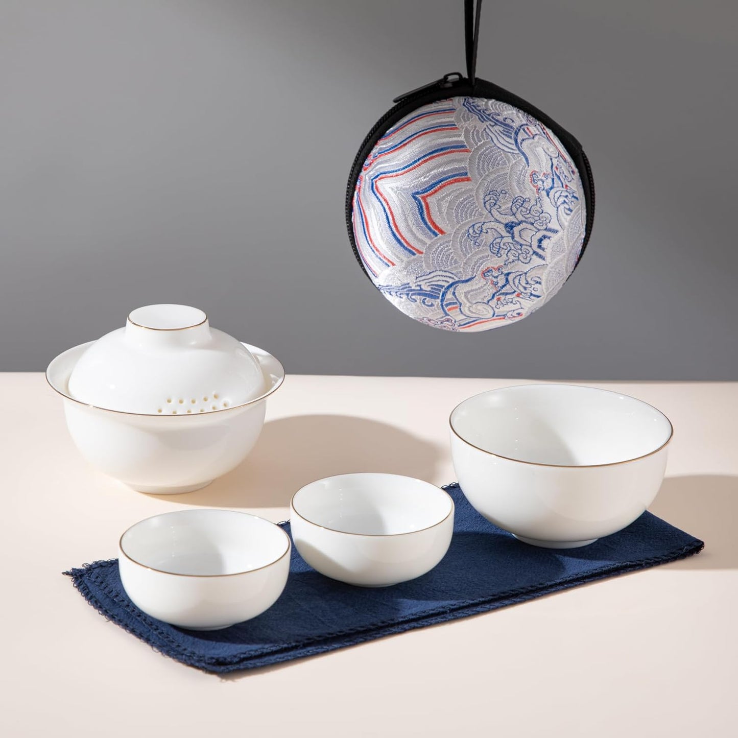 SILINE Ceramic Travel Gaiwan Kungfu Tea Set,Chinese Suet Jade White Porcelain Tea Bowl Set,Portable for Home Business Outdoor Hotel (White)
