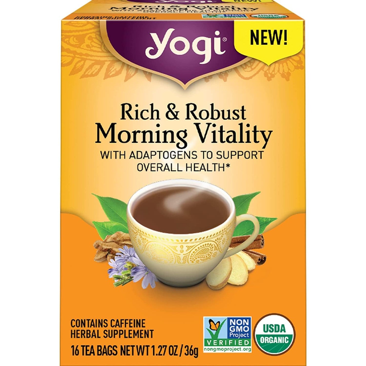 Yogi Tea Rich & Robust Morning Vitality Tea - 16 Tea Bags per Pack (4 Packs) - Organic Adaptogen Tea Perfect for the Morning - Includes Puerh Tea Leaf, Roasted Chicory Root, Cinnamon Bark & More