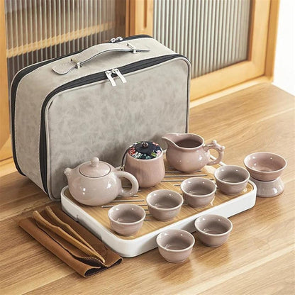Afternoon Tea Set Travel Ceramic Kung Fu Tea Set Tray Full Portable Storage Bag Pot Cup Tea Set for Adults (Color : E)