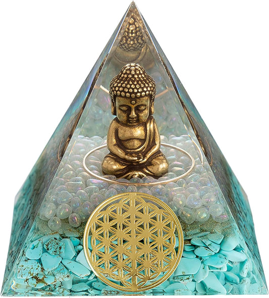 Little Buddha Statue in Healing Crystal Organite Pyramid - Turquoise with Baby Buddha Figurine, Reiki Chakra Meditation Buddha Decor