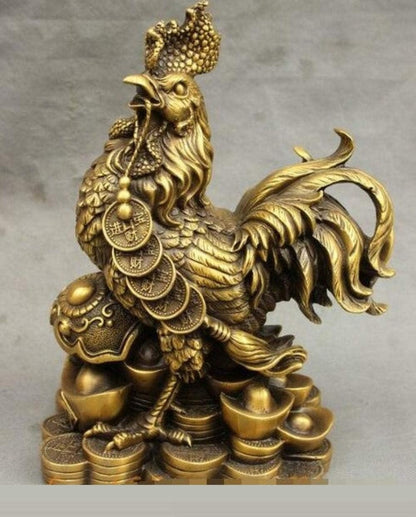 Sculptures Statues for Home Decor Bronze Wealth Ruyi Coin Rooster Statue