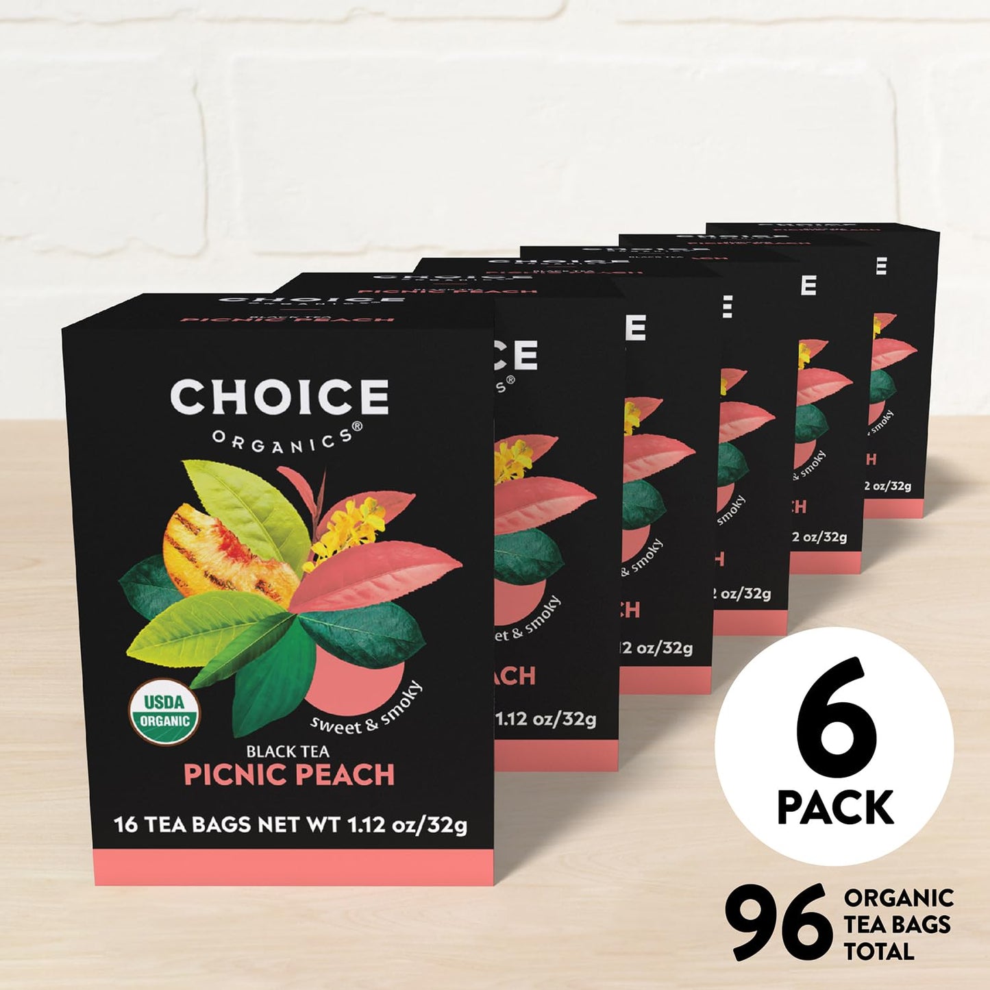 Choice Organics - Organic Picnic Peach Tea (6 Pack) - Rainforest Alliance - Contains Caffeine - 96 Organic Black Tea Bags