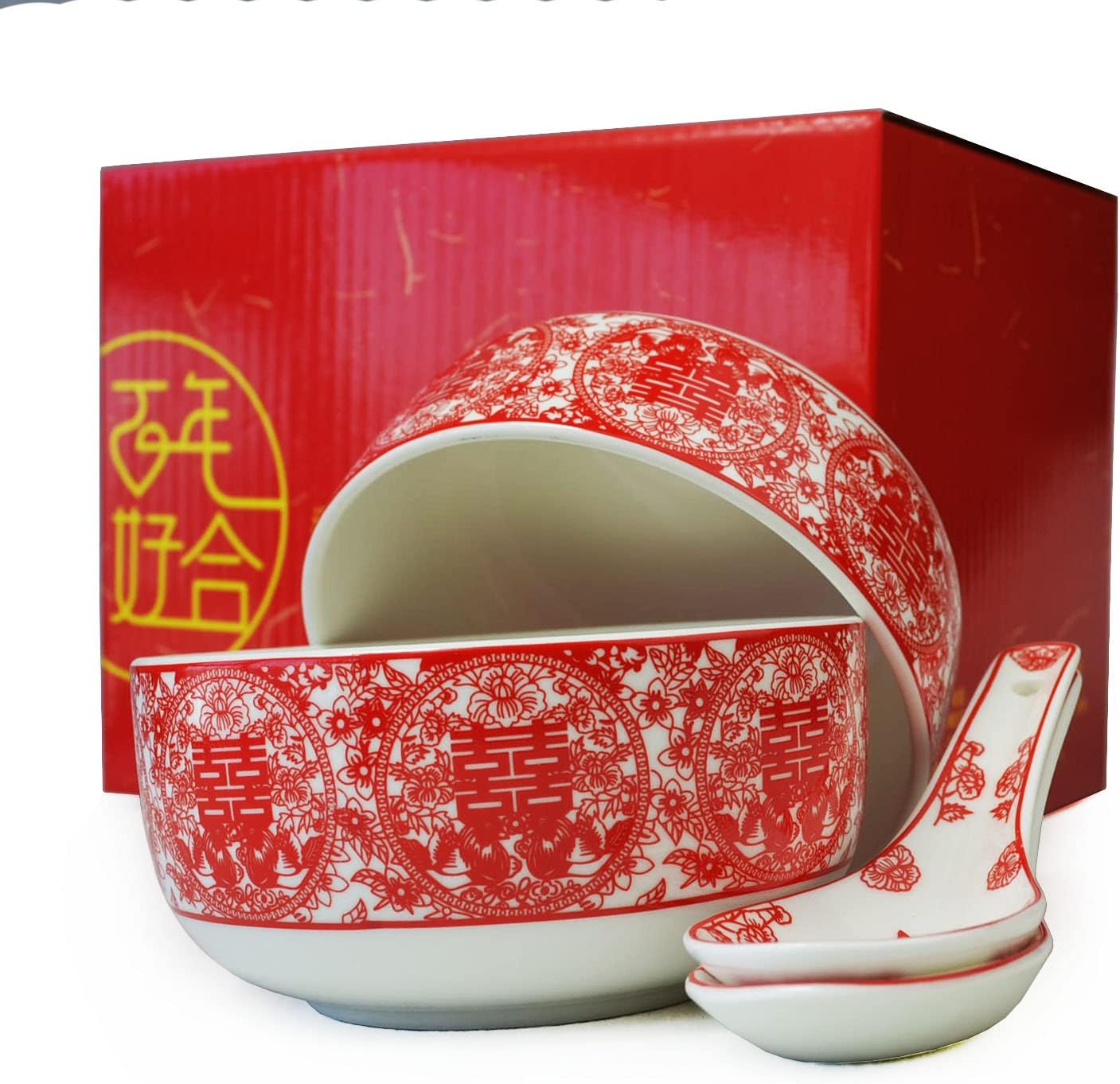 Bowl Spoon Gifts Set Chinese Wedding Party Porcelain Tableware Set (Paper-cut style 囍)
