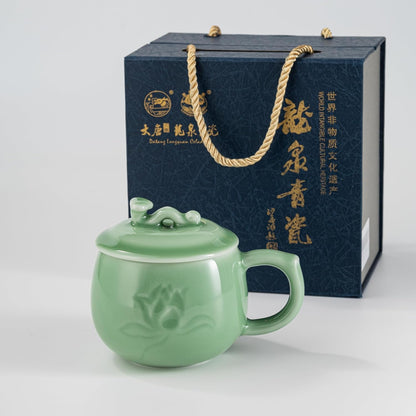 SILINE Longquan Celadon Tea Cup with Lid 11.8 oz/350ml,Green Porcelain Coffee Mug Teacup Lucky Gift -Classic Cyan