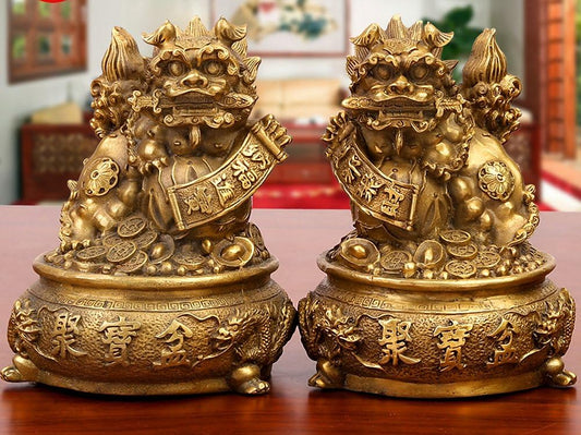 Large Size Wealth Porsperity Brass Pair of Fu Foo Dogs Guardian Lion with Treasure Basin Statues,Best Housewarming Congratulatory Gift to Ward Off Evil Energy,Feng Shui Décor