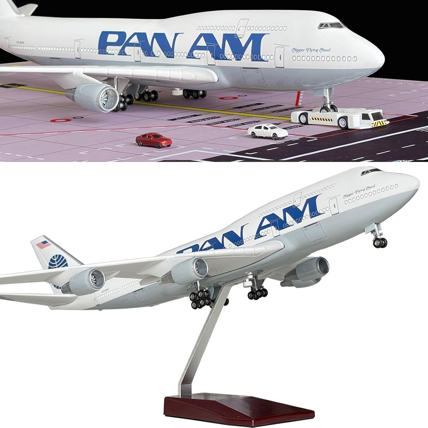 Panam 747 Model 1/150 Scale Panam Airlines B747 Model Plane 18 Inches Long with LED Lights and a Large Rubber Airport Mat Ideal Gift and Display
