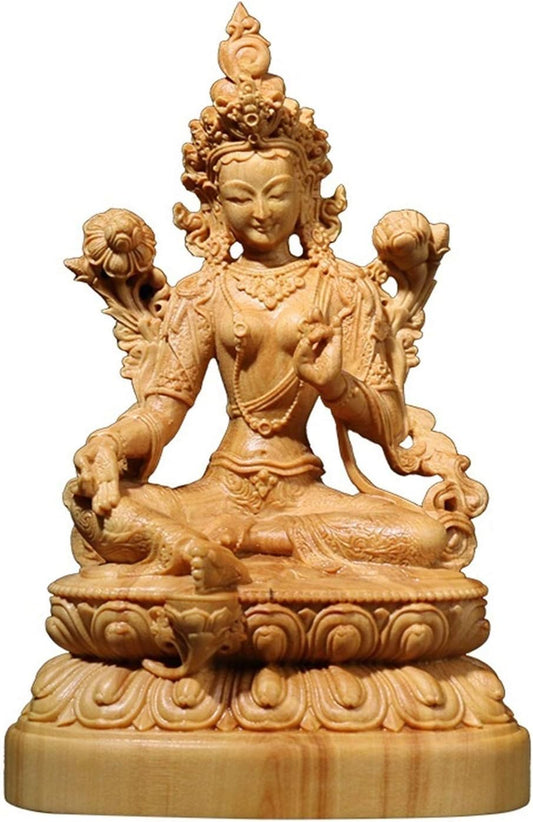 ONDIAN CHUNCIN - Buddha Statue, Boxwood Wood Carving Home Furnishing Buddha Statue Decoration Guanyin Bodhisattva Green Tara