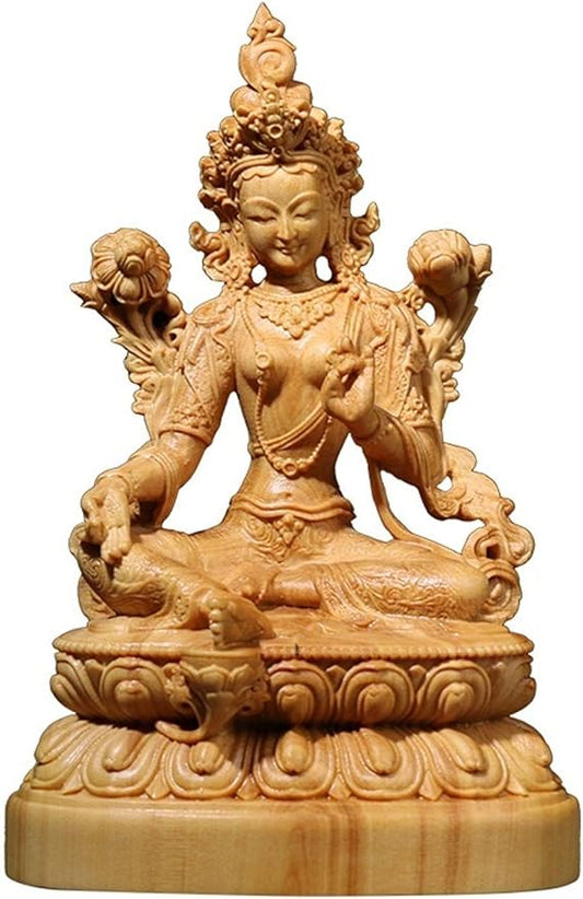 ONDIAN CHUNCIN - Buddha Statue, Boxwood Wood Carving Home Furnishing Buddha Statue Decoration Guanyin Bodhisattva Green Tara