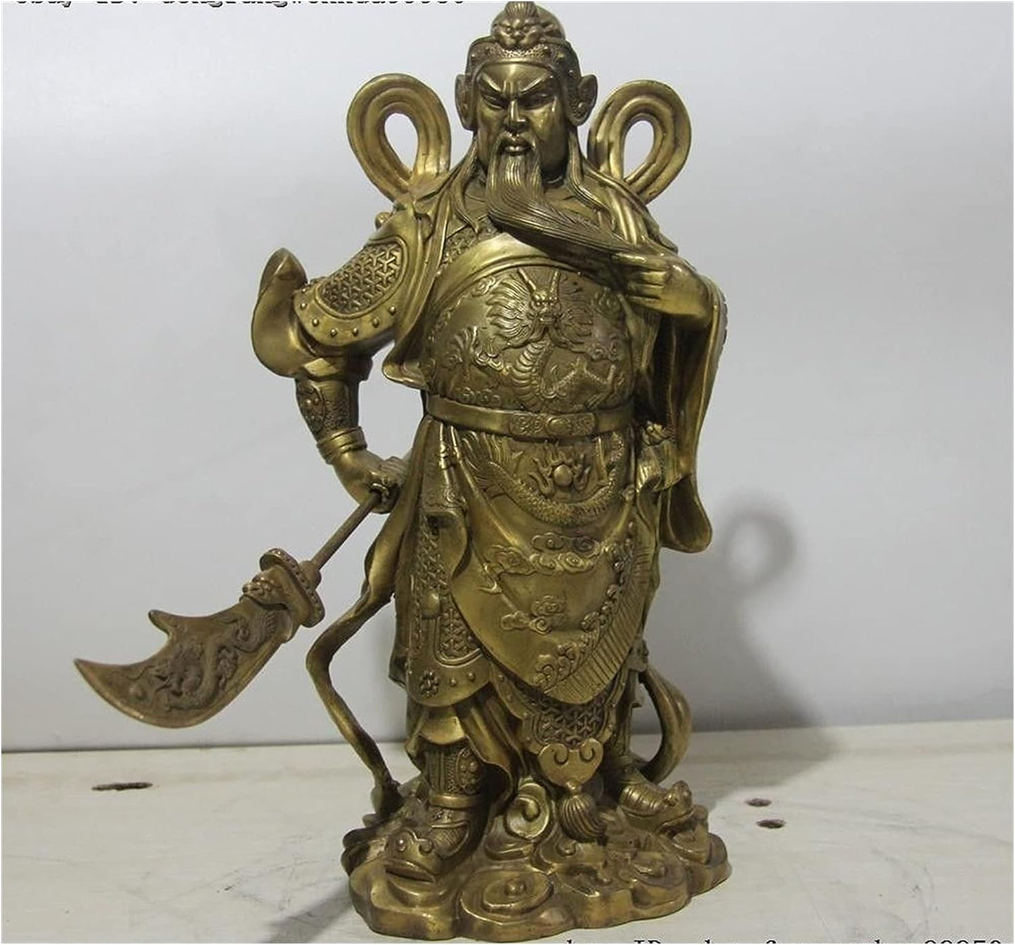 GaYouny Buddha Statue Brass Bronze Dragon Guangong Guan Gong Yu Hold Knife Statue