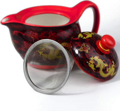 Teapot China Porcelain 12oz Dragon Stainless Steel Teacup 4pcs Gongfu Infuser for Loose Tea