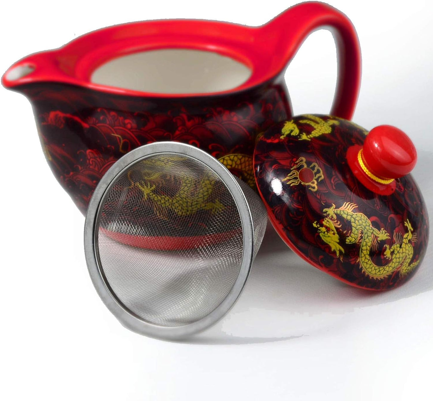 Teapot China Porcelain 12oz Dragon Stainless Steel Filtration Mash Infuser for Loose Tea (Red)