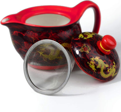 Teapot China Porcelain 12oz Dragon Stainless Steel Filtration Mash Infuser for Loose Tea (Red)