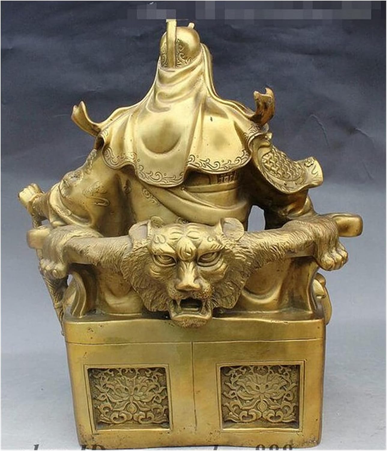 GaYouny Buddha Statue 14" Folk FengShui Brass Tiger Seat Book Guan Gong Yu God Statue