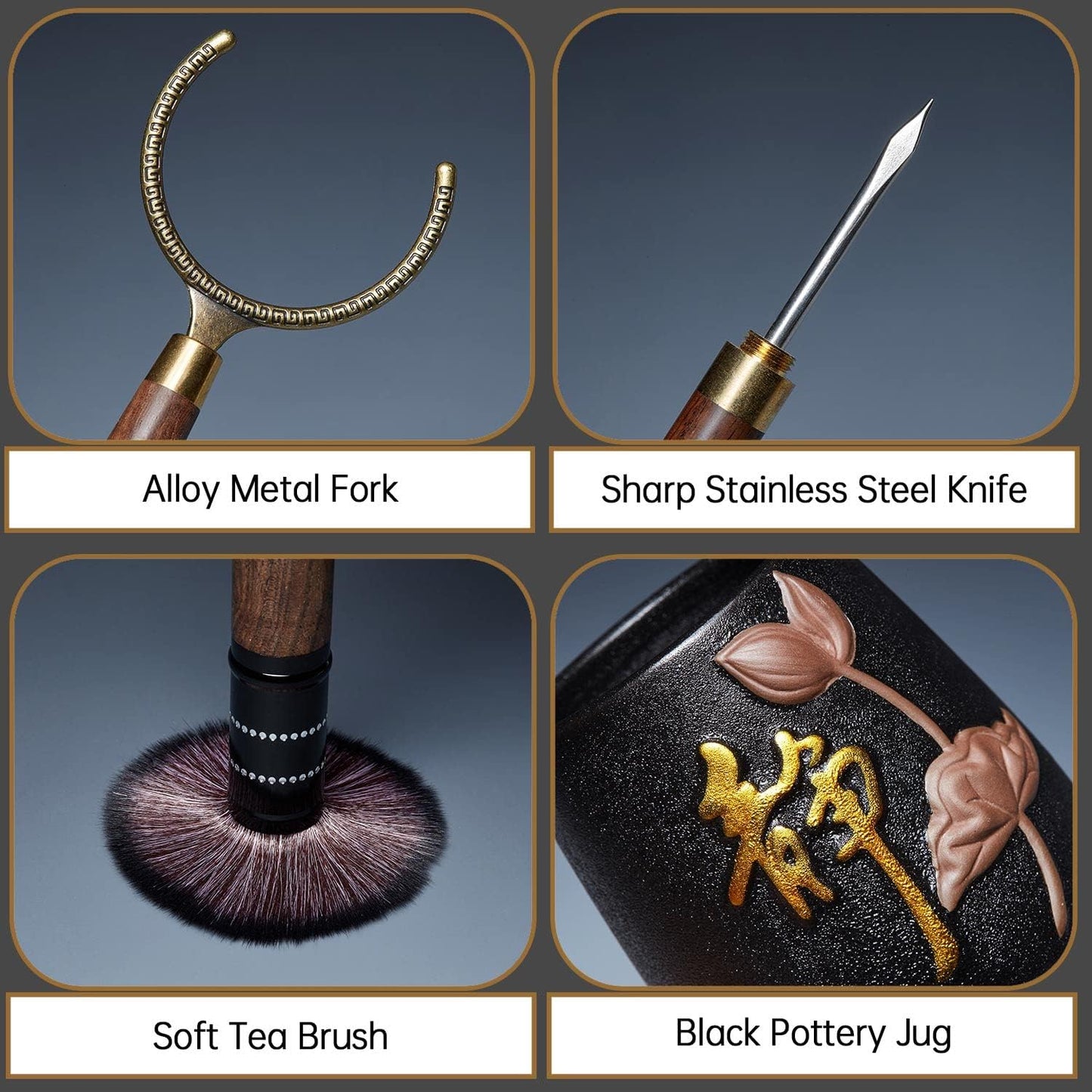 DOPUDO Tea Art Six Gentlemen with Black Pottery Storage Caddy, Chinese Gongfu Tea Ceremony Tools to Make Tea, Chinese New Year Gift to Tea Lovers