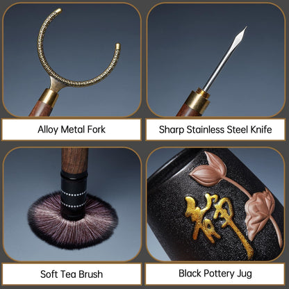 DOPUDO Tea Art Six Gentlemen with Black Pottery Storage Caddy, Chinese Gongfu Tea Ceremony Tools to Make Tea, Chinese New Year Gift to Tea Lovers