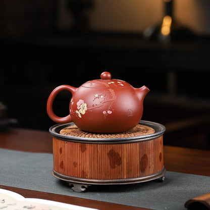 SILINE Zisha Tea Pot Set,Master Handmade Genuine Yixing Clay Teapot 11.3 Oz with 2 Cups (Flower Xishi,Red Beauty Clay)