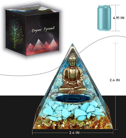 Little Buddha Statue in Healing Crystal Organite Pyramid - Turquoise with Baby Buddha Figurine, Reiki Chakra Meditation Desktop Indoor Buddha Decor