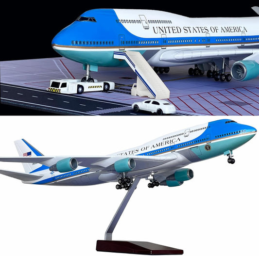 B747 Airplane Model, 1/150 Scale B747 Model 18.5 Inches Length, with LED Lights and Rubber Airport Mat - Ideal Collection and Gift