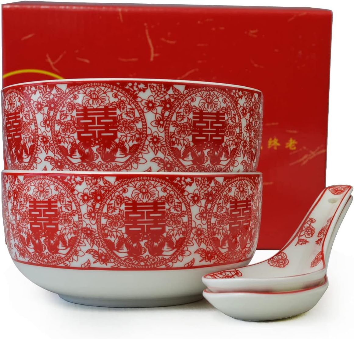 Bowl Spoon Gifts Set Chinese Wedding Party Porcelain Tableware Set (Paper-cut style 囍)