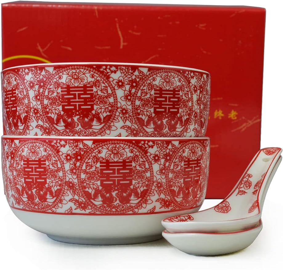 Bowl Spoon Gifts Set Chinese Wedding Party Porcelain Tableware Set (Paper-cut style 囍)