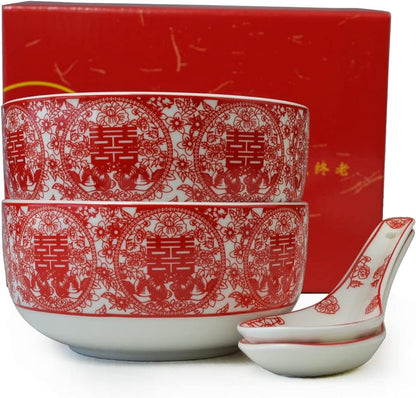 Bowl Spoon Gifts Set Chinese Wedding Party Porcelain Tableware Set (Paper-cut style 囍)