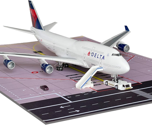 B747 Model Airplane 18.9 Inches Long 1/150 Scale B747 Model with LED Lights and Airport Scene Accessories Ideal Display and Gift