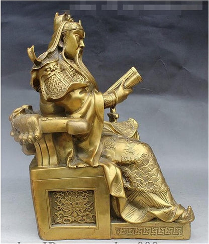 GaYouny Buddha Statue 14" Folk FengShui Brass Tiger Seat Book Guan Gong Yu God Statue