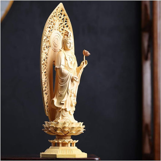 WAOCEO Meditation Decor, 29cm Three buddhas Wood Buddha Figurines guanyin Statue Wooden Goddess Home Decor Gift Craft for Home,Buddha Statues for Home,Garden,Office (Color : B, Size : 29cm)