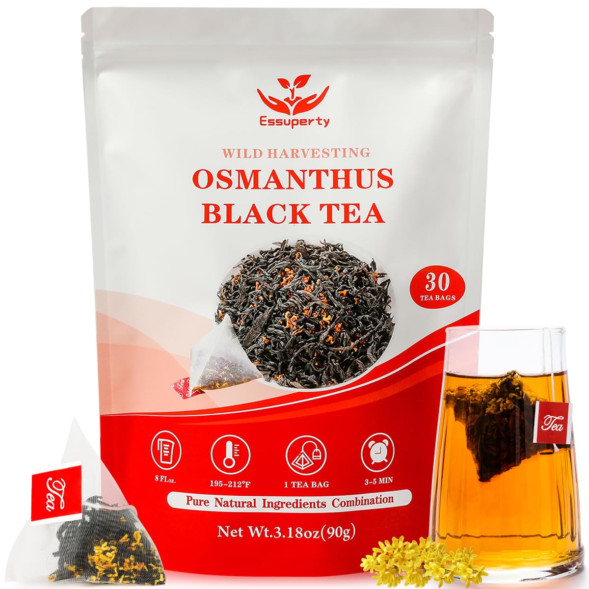 Essuperty- Rose Pu 'er Tea, Rose Puerh Tea Bags, Eco-Conscious Tea Bags, Caffeinated, All Natural Ingredients
