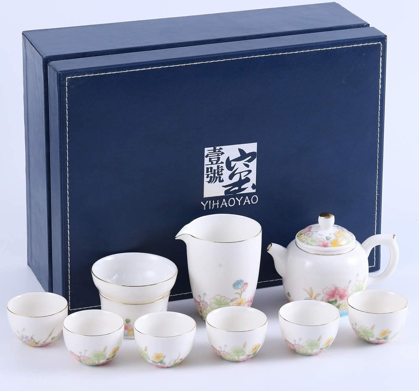 Fine Ceramic Tea Set Chinese Suet Jade White Porcelain Teapot with 6 Cups,Fair Mug and Tea Infuser,Loose Leaf Tea Make Set