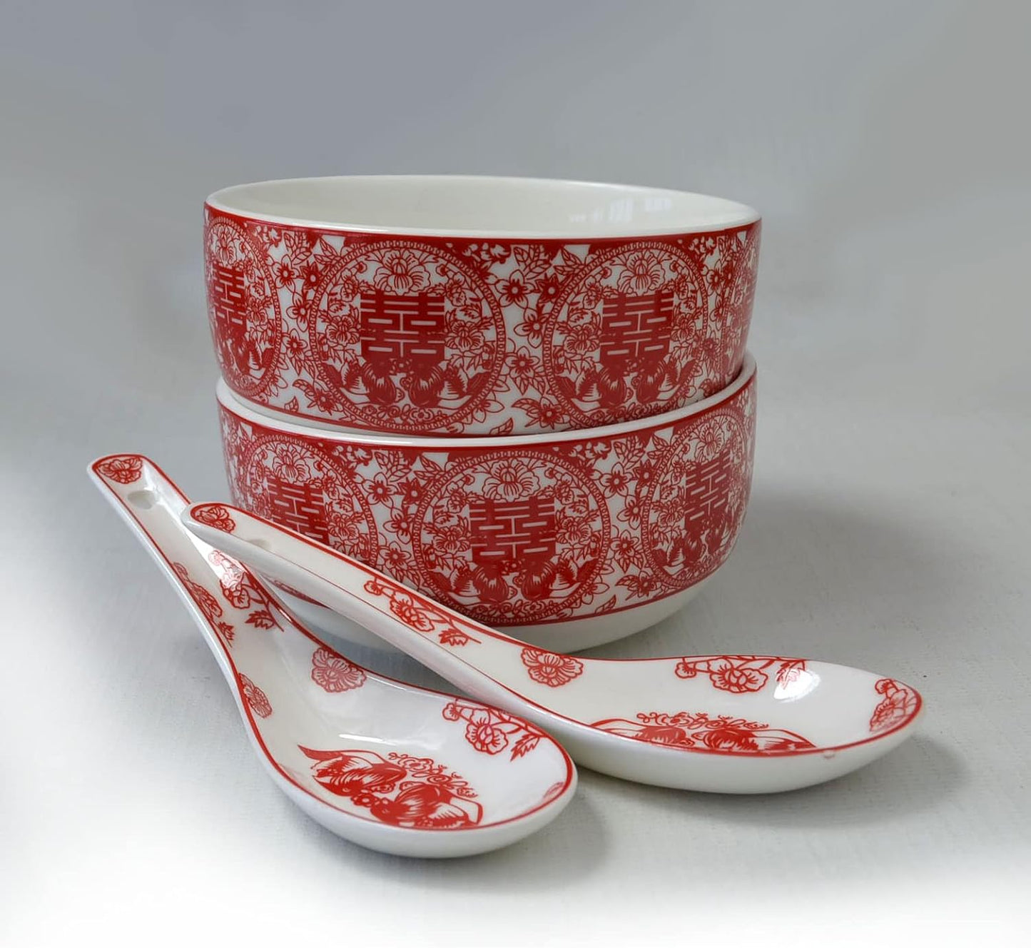 Bowl Spoon Gifts Set Chinese Wedding Party Porcelain Tableware Set (Paper-cut style 囍)