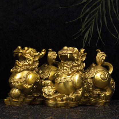 BRABUD Handmade Brass Feng Shui Pi Yao/Pi Xiu for Wealth Good Luck Figurine Collectible Home Decor Set of 2