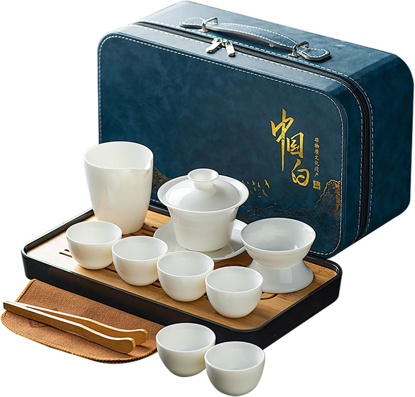 ICHAG Asian tea set |Kungfu tea sets |Ceramic Portable tea set|tea sets for adult |13-piece with grey leather case |Tea set gift for Home,Outdoor,Business