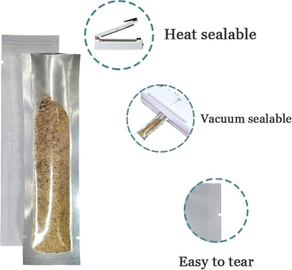 FERENLI 100 Pcs Clear Front Mylar Heat Seal Vacuum Travel Liquid Pouch 1.4x5.9 inch for Toiletries Portable Travel Size Aluminum Foil Sample Pouches with Tear Notch for Shampoo Skincare Food Storage