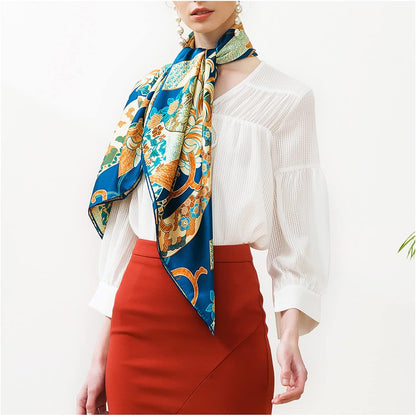 RAN Winter Warm Scarfs 41.7 Inches Satin Head Scarf Square Silk Scarf Flowers Printed Large Neckerchief, Head Shawl, Gift for Lady