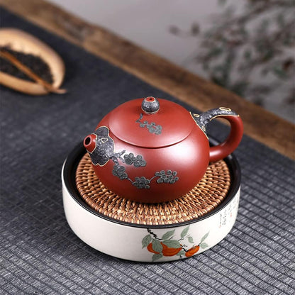 Genuine Yixing Purple Clay Hand Painted Pine Tree Xi Shi Teapot, Handmade Da Hong Pao Zisha Teapot, 250 ml (8.5 oz), Made By Master Jiang Li Ming (姜礼明)