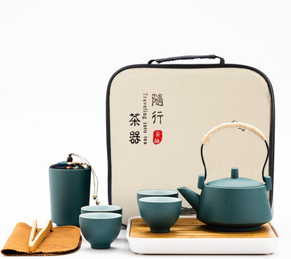 fanquare Chinese Gold Ceramic Kungfu Tea Set, Japanese Travel Tea Set with Tray, Portable Bag, Black Teapot, Tea Strainer